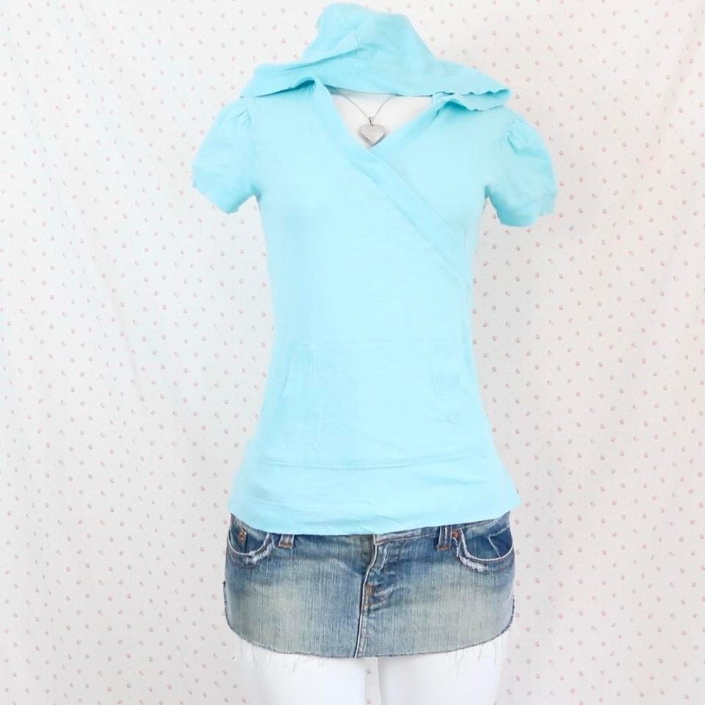 Old Navy Blue Wrap Hoodie Top Y2K Short Sleeve - Picture 1 of 5